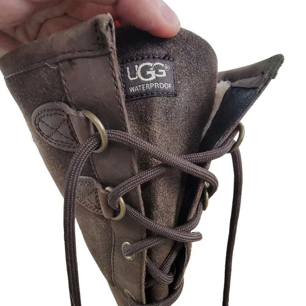 UGG Women's Elsa Boot Size 9.5 Waterproof Tall Brown Leather Sherpa Sheepskin